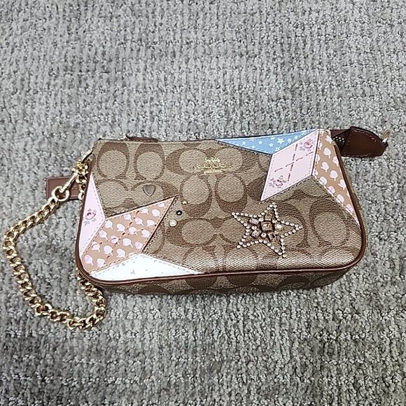 Coach Wristlet Signature Star Patchwork Brown Gold Accent - Picture 1 of 11